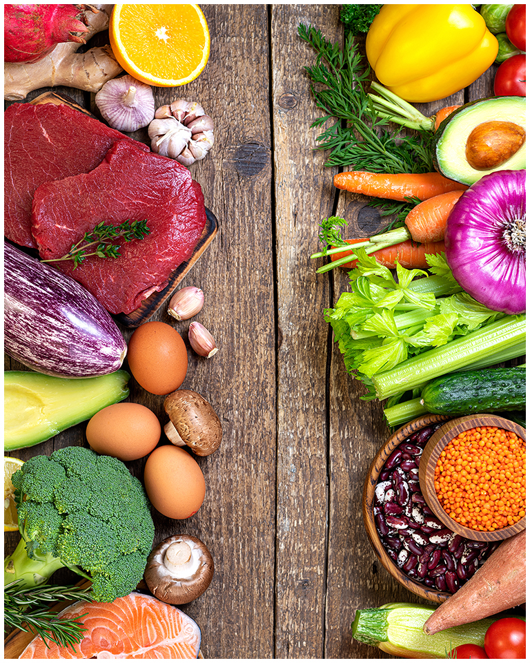 Healthy food background. Fresh vegetables, fruits, beans, meat a