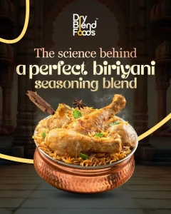 Chicken biriyani in a copper pot showcasing Perfect Biriyani Seasoning by Dry Blend Foods.