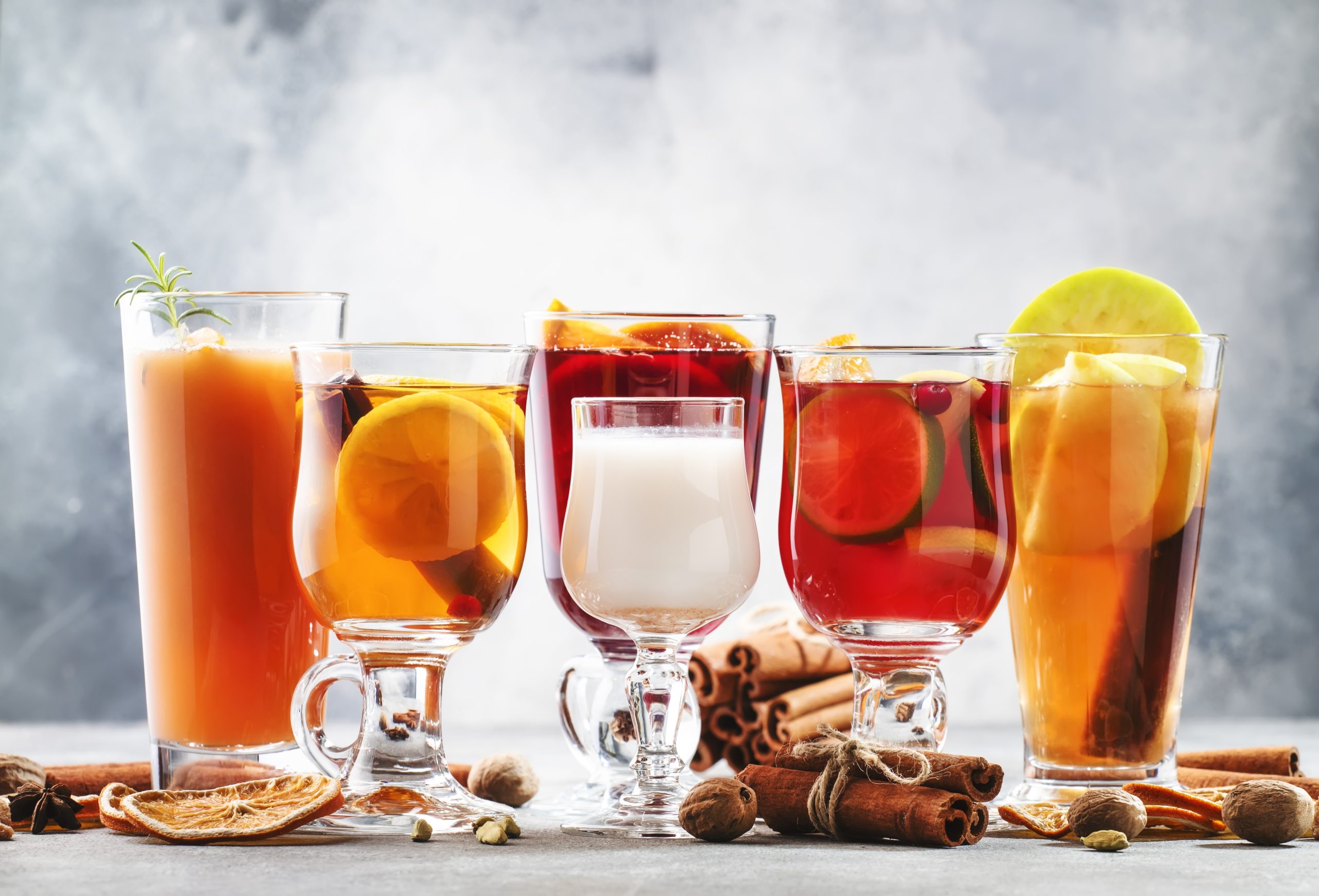 Selection of autumn or winter alcoholic hot drinks and cocktails